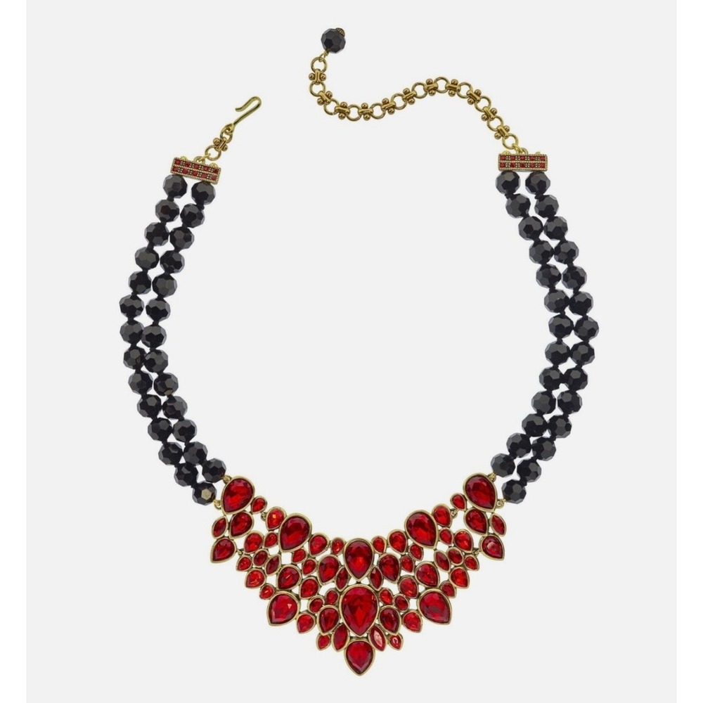 Heidi Daus Red Crystal Bib Statement Necklace Blk Beaded Double Strand Gold Tone - Picture 4 of 6